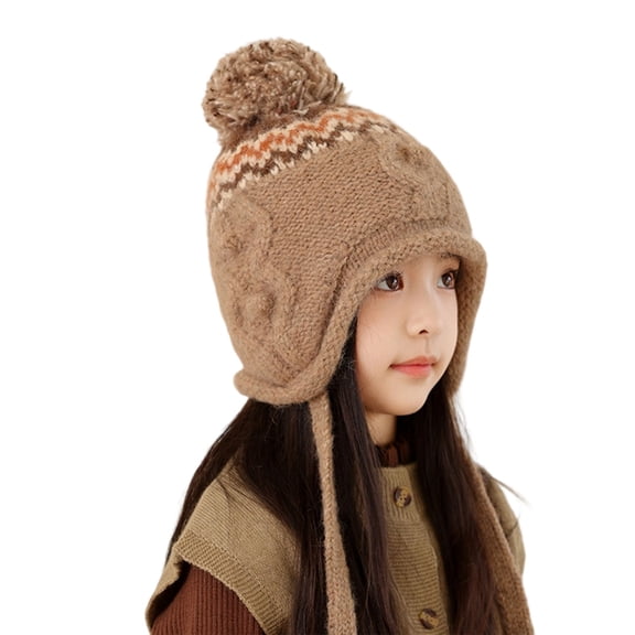 Auroural Snow winter hats for Kids Winter winter hats for Children Children's Winter Windproof And Cold-proof Pullover For Boys And Girls Outdoor Warm Ear Protection Wool Ball Knitted Hat Khaki