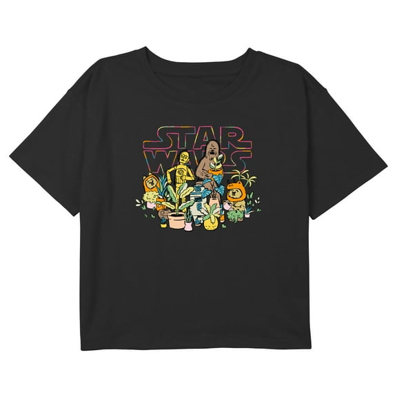 Girl's Star Wars Characters and Potted Plants Graphic Cropped T-Shirt Black X Large