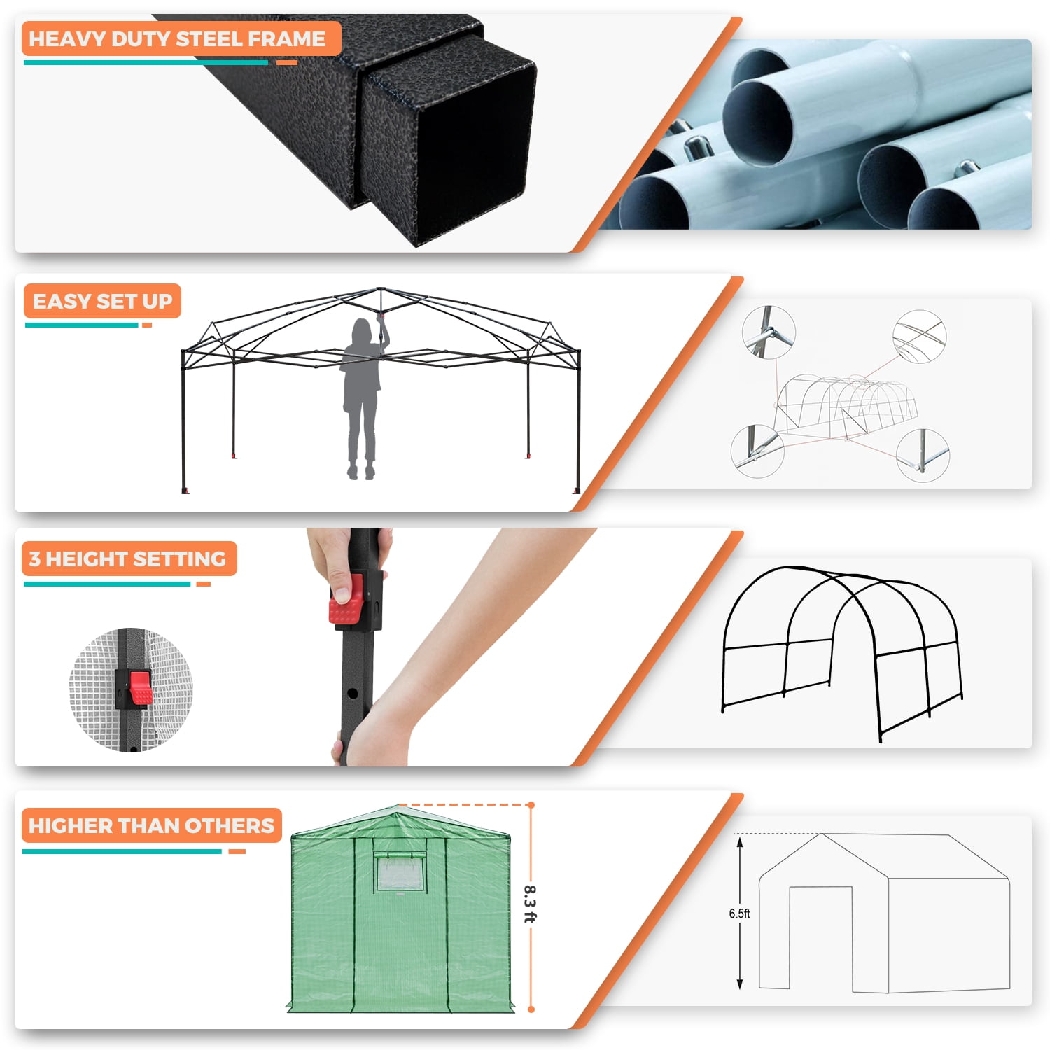 EAGLE PEAK 12x8 Portable Large Walk-in Instant Greenhouse with Support Pole, Pop-up Outdoor Plant Gardening Green House Canopy, Green