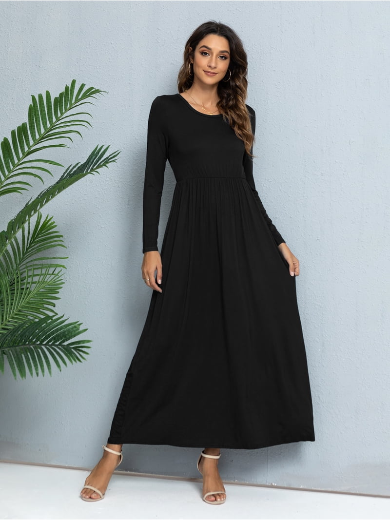 CALIPESSA Women's Leisure Flowy Loose Long Sleeve Solid Maxi Dress with  Pocket, Scoop Neck, Ruffle Tunic, Casual A-Line - Walmart.com