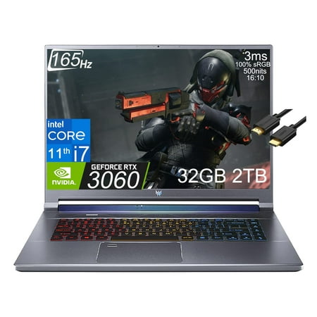 acer Predator Helios Triton 500 SE Gaming Laptop (16 inches QHD+ 165Hz, Intel 8-Core i7-11800H, 32GB RAM, 2TB SSD, RTX 3060 6GB), 3-Zone RGB Backlit, IST Cable, Win 10 Home / 11 Home - Steel Gray