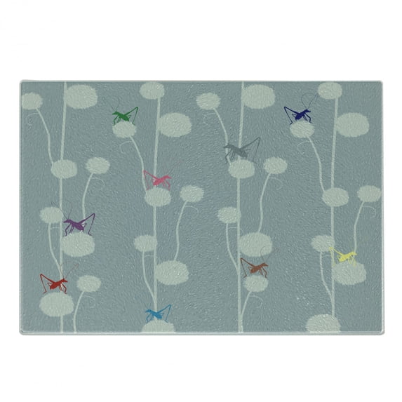 Insect Cutting Board, Pattern with Colorful Grasshoppers on Dandelion Silhouettes, Decorative Tempered Glass Cutting and Serving Board, in 3 Sizes, by Ambesonne