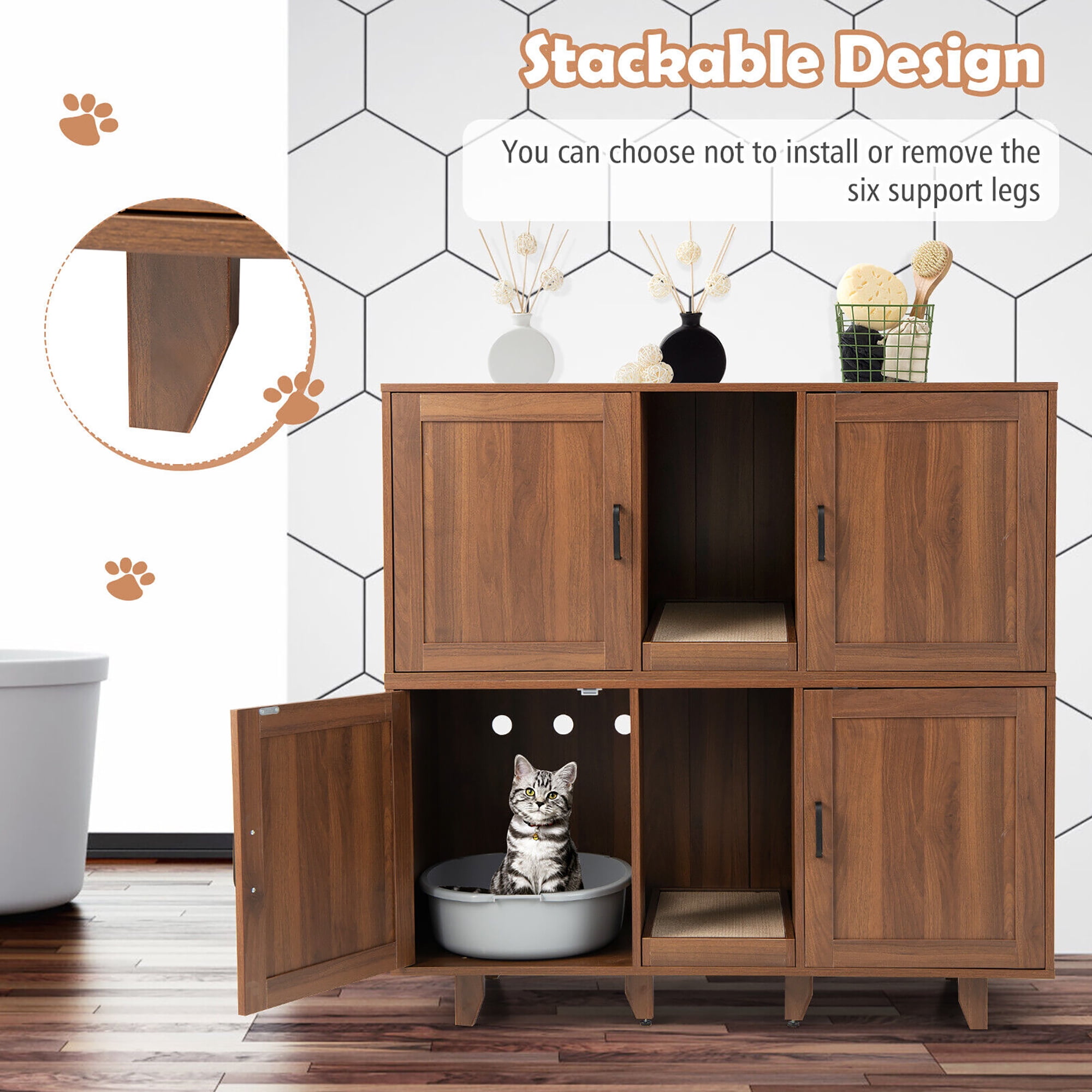 Gymax Cat Litter Box Enclosure Hidden Cat Washroom w/ 2 Doors Coffee Patented