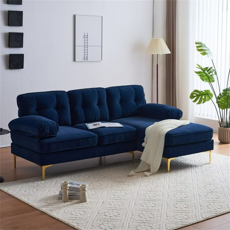 L shaped Sectional Couches for Living Room 83inch Velvet Upholstered Sectional Sofa with Soft Arms and Golden Metal Legs 3 Seater Sofa with Chaise