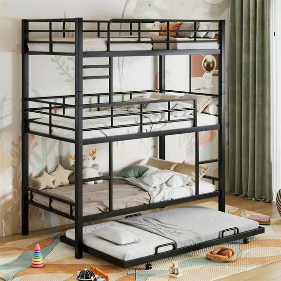 Metal Triple Bunk Bed with Trundle, Twin Size Bunk Bed Frame with Long & Short Ladder & Full-Length Guardrails, Convertible Bunk Bed, Space Saving, No Box Spring Needed, Black