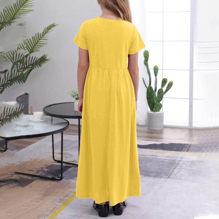 LNWUY Girls Cute Fashion Solid Color Maxi Dress Short Sleeve Casual Holiday  Dress with Pockets for 4-14 Years Yellow 4-5 Years - Walmart.com