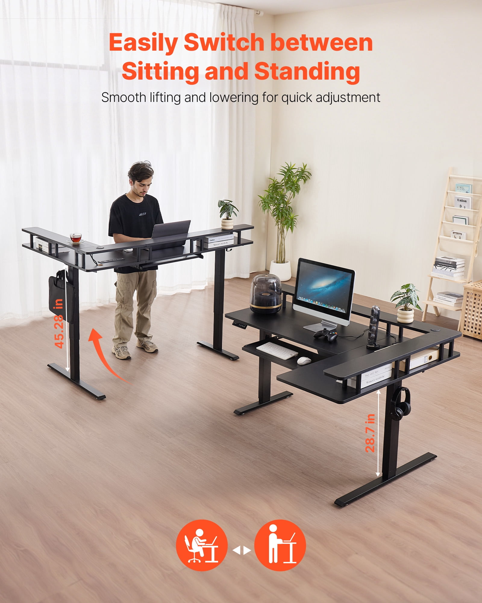 VEVOR L Shaped Desk, Electric Adjustable Height Corner Gaming Desk with Keyboard Tray and Dual Hooks, Heavy Duty L-Shaped Computer Table with Light Strip for Home Office, Easy to Assemble, Black