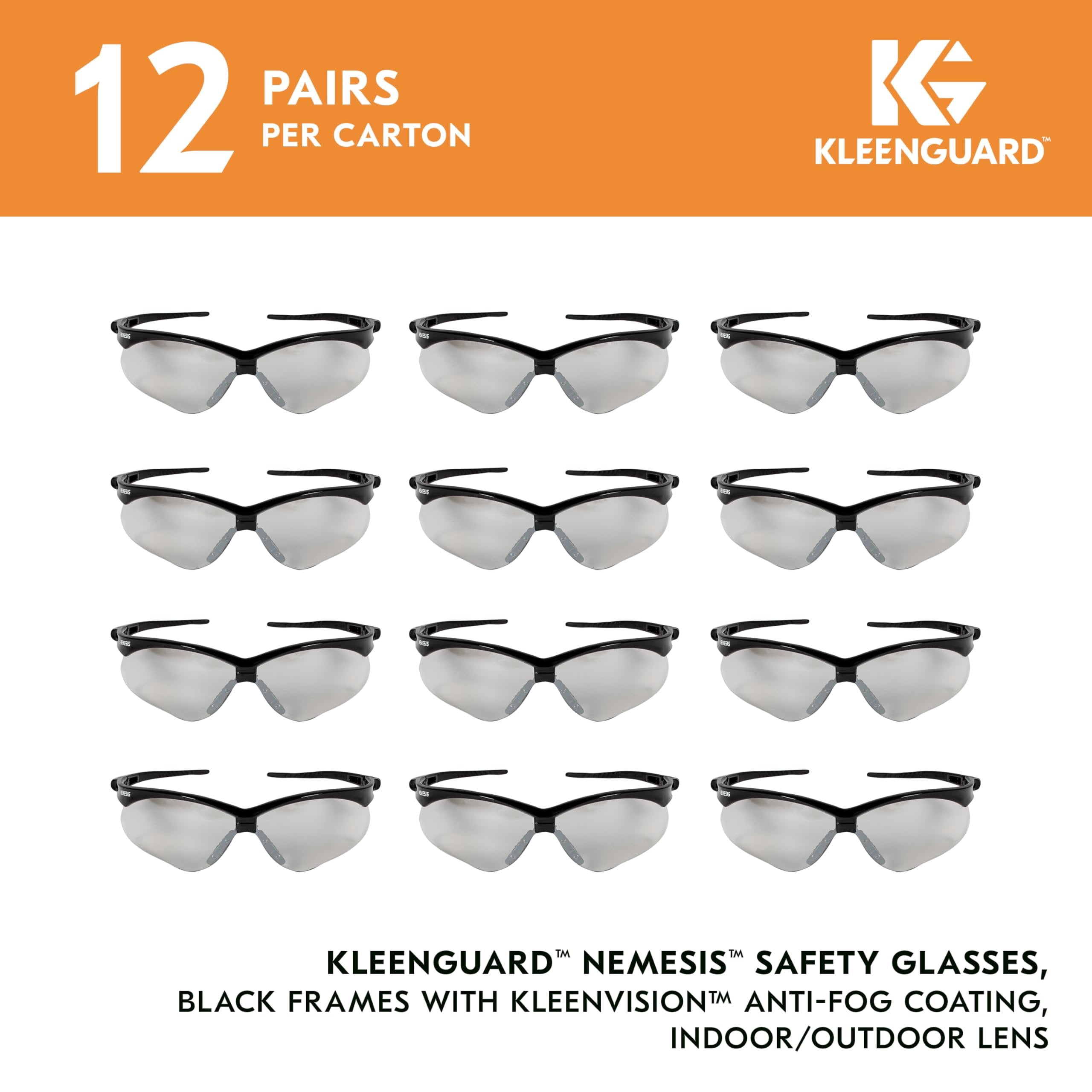 KleenGuard V30 Nemesis Safety Glasses 25685, with KleenVision Anti-Fog Coating, Indoor/Outdoor Lenses, Black Frame, Unisex for Men and Women Qty 12