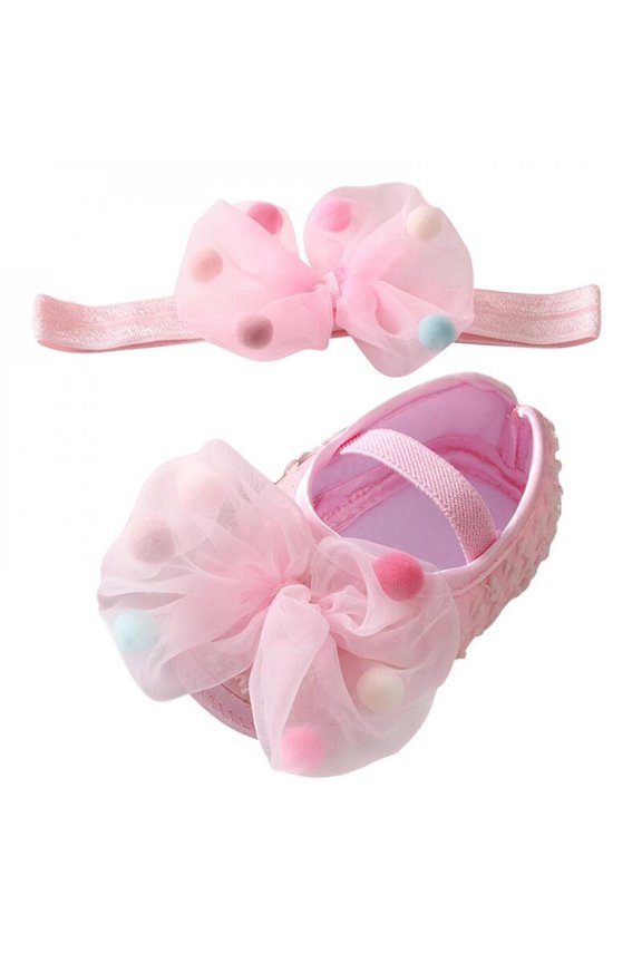 Cute Kids Girl Baptism Shoes Soft Sole Bowknot Princess Shoes Toddler Soft Sole Walking Shoes Headband Set 0-18M