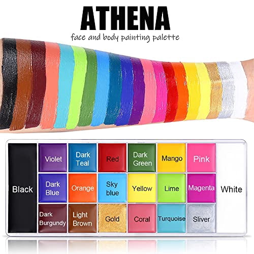 Athena Face Body Painting Kit - 20 Color Large Deep Pan Paint, 24 Stencils, 2pcs Brushes, Professional Oil Based SFX Makeup Palette for Art, Theater, Halloween, Parties and Cosplay