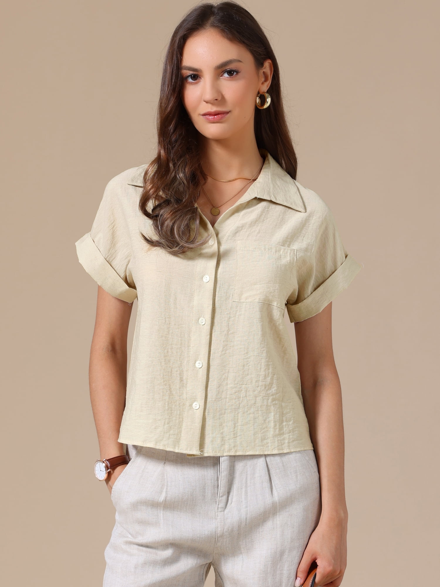DARING DIVA Women's Button Up Casual Work Short Sleeve Collared Blouse XL Khaki