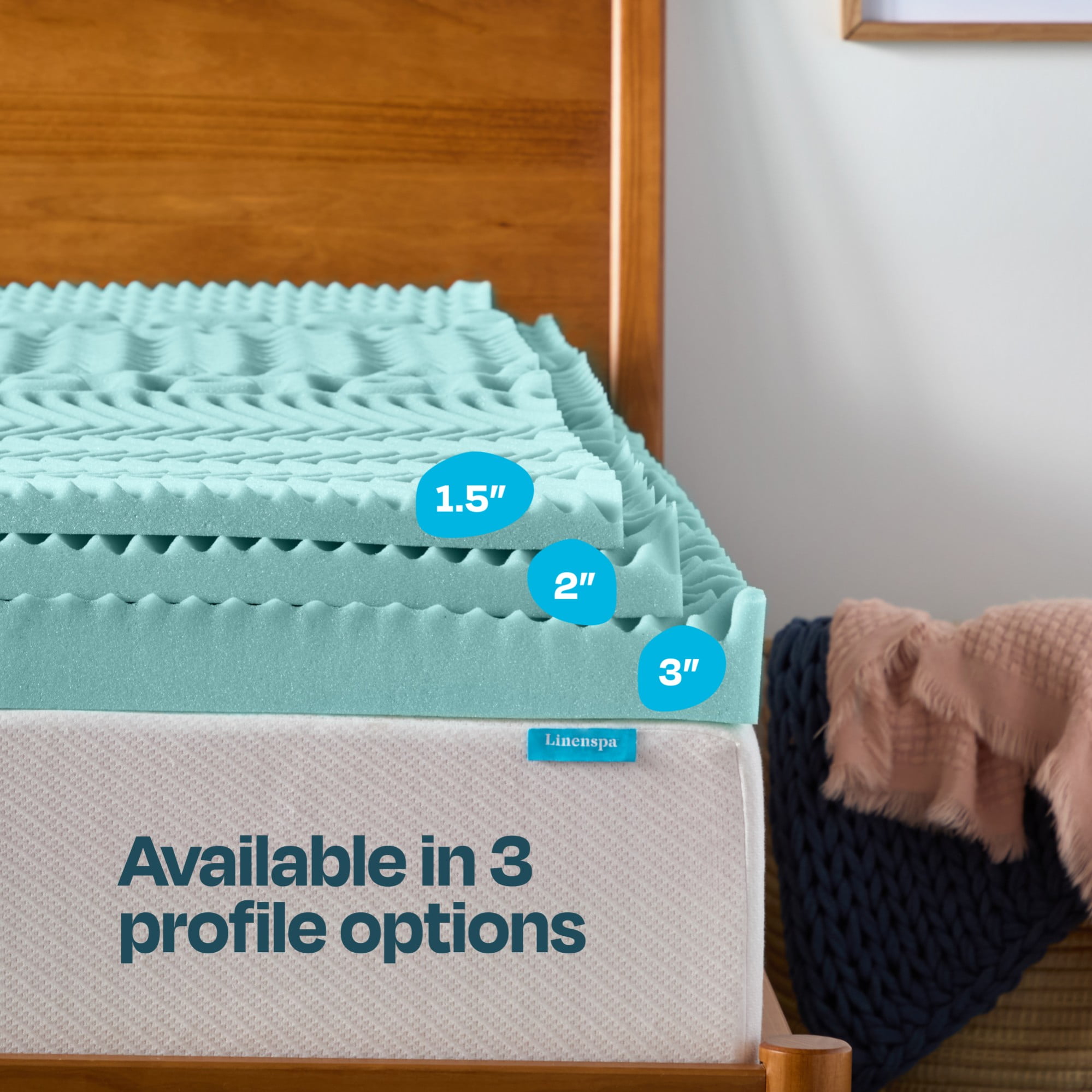 Linenspa 3" 7-Zone Cooling Gel and Green Tea Infused Memory Foam Mattress Topper, Twin