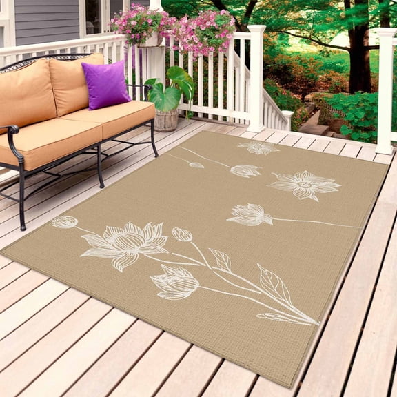 Beige White Floral Outdoor Rug for Patio/Deck/Porch, Non-Slip Large Area Rug 6 x 9 Ft, Abstract Art Summer Botanical Indoor Outdoor Rugs Washable Area Rugs, Reversible Camping Rug Carpet Runner