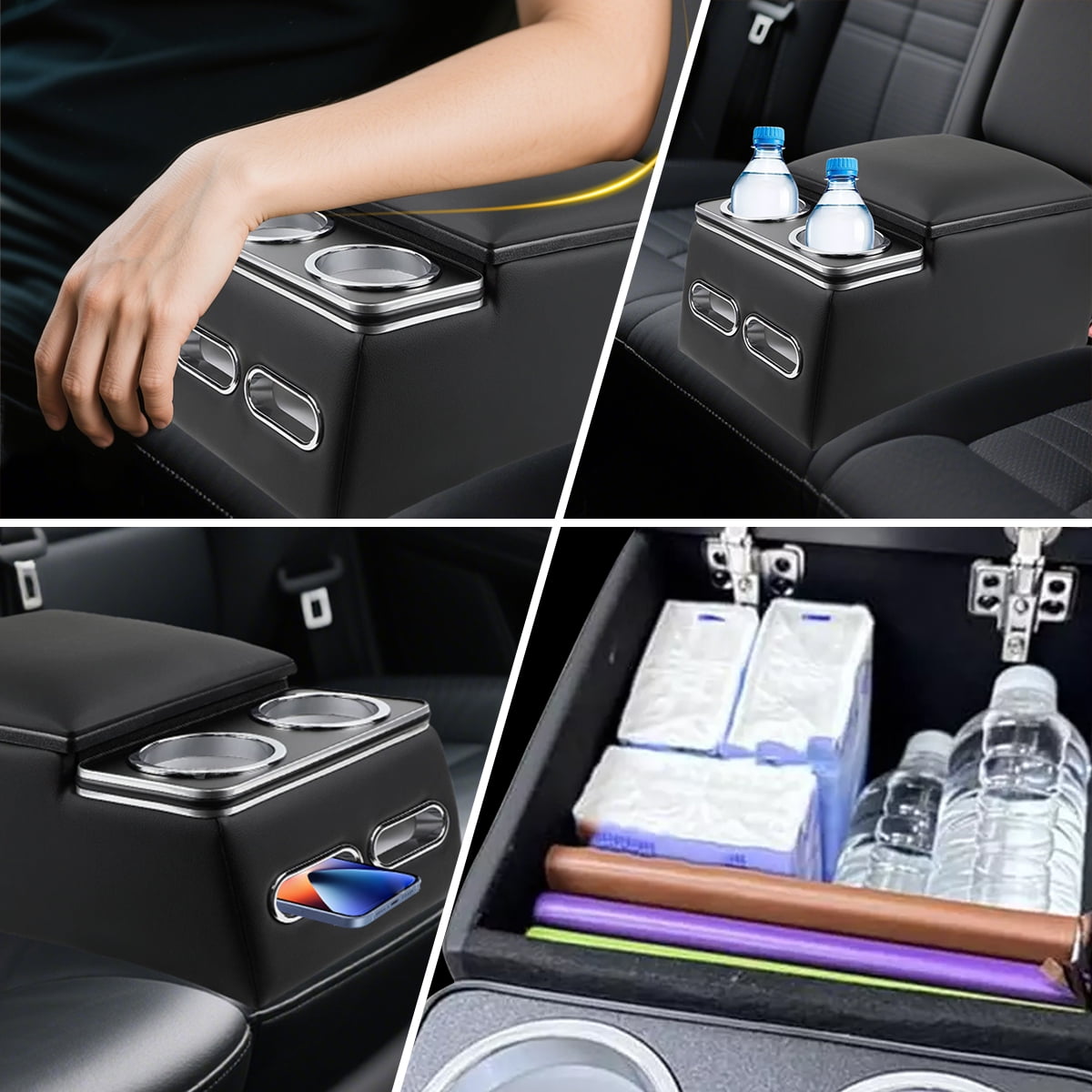 Universal Truck Seat Organizer with Cup Holders, Rear Bench Seat Center Consoles with Armrest Middle Storage Box, Padded Top Lid for Armrest, Black