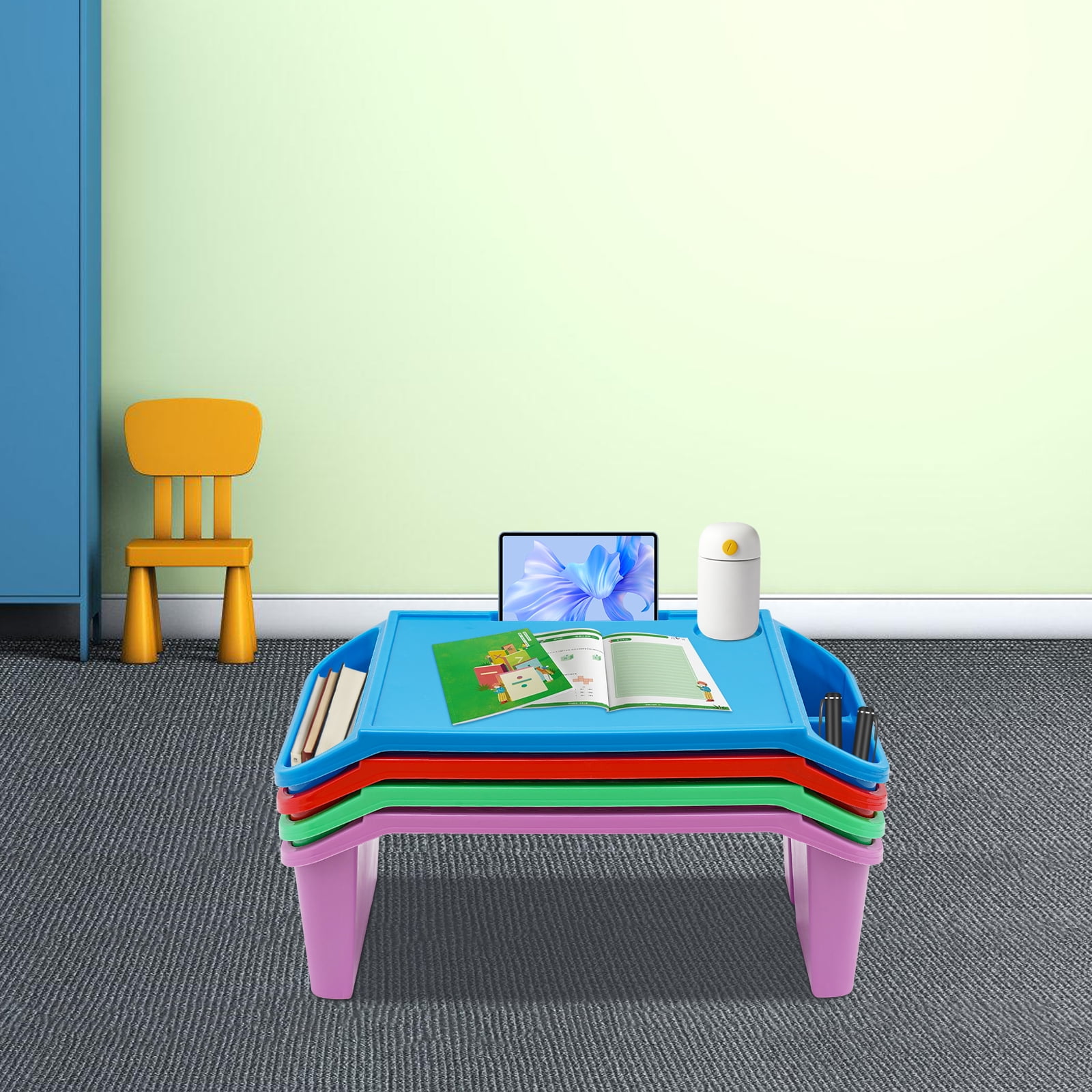 Peakora 4 PCS Kids Lap Desk Tray, Portable Lap Bed Table, Plastic Breakfast Laptop Trays with Side Pockets