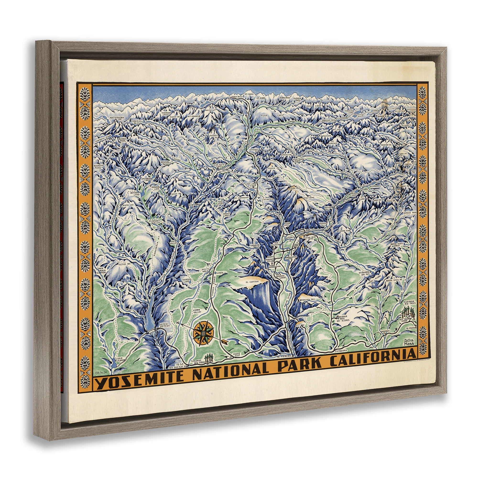 Stupell Industries Vintage Yosemite Map Town & City Painting Brown Floater Framed Art Print Wall Art, 21 x 17