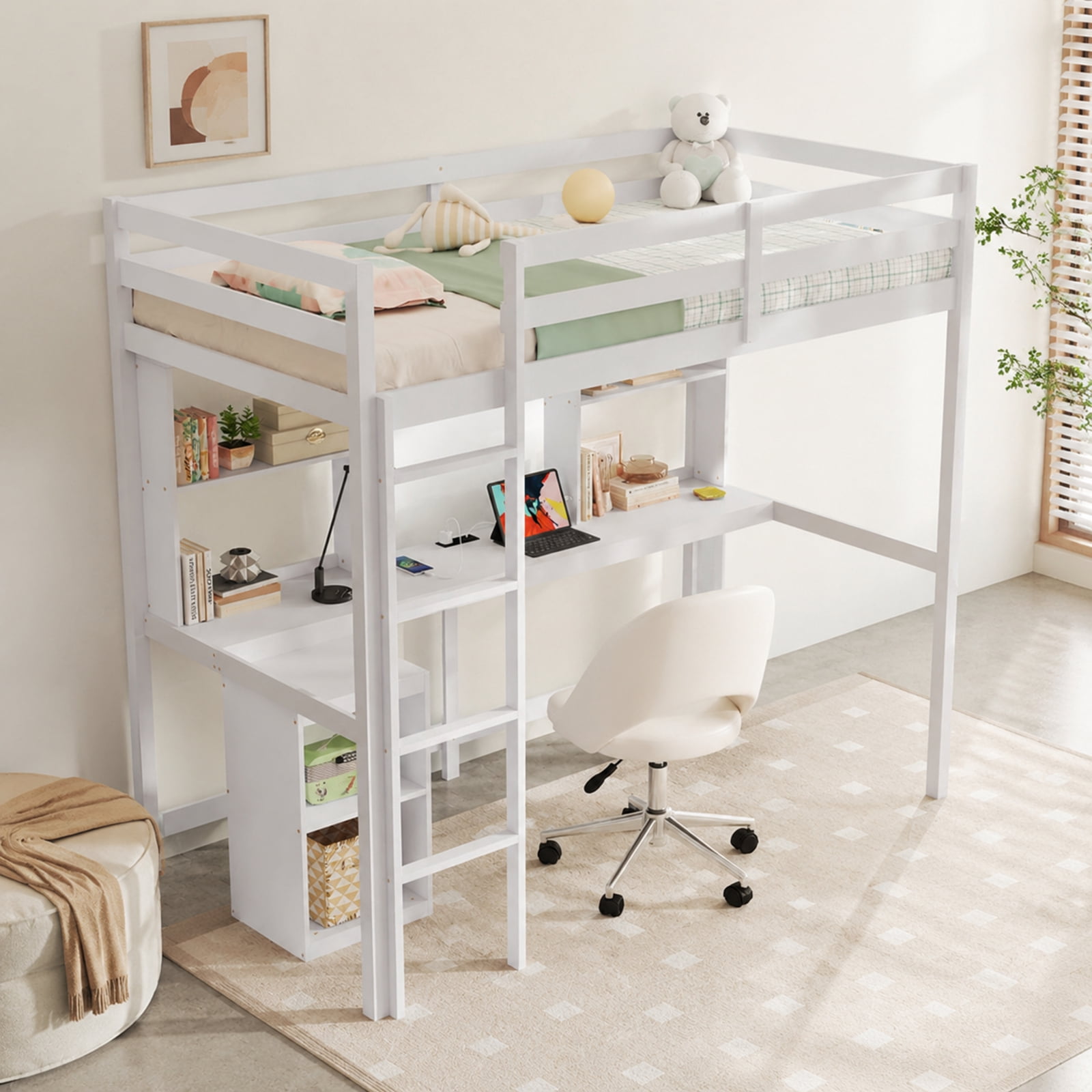 Furnibear Twin Loft Bed with Built In Desk LED Light Charging Station 2 Outlets USB Type C Ports Full Length Guardrails and 14 Plywood Slats, White
