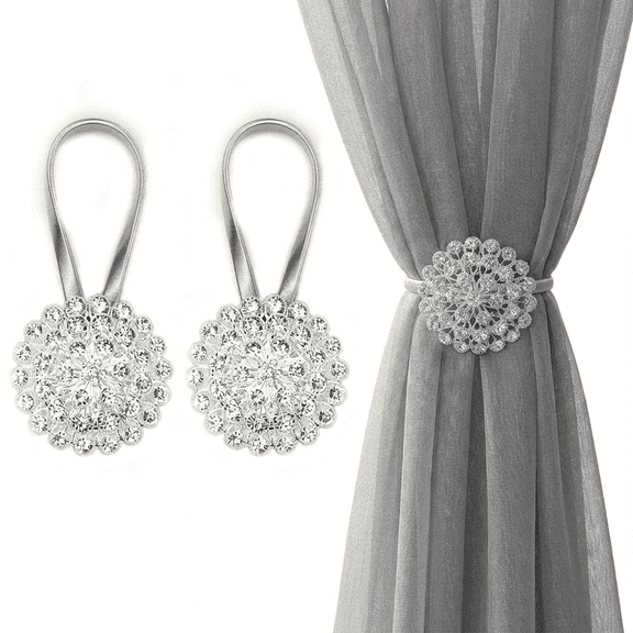 2 Pack Crystal Flower Magnetic Curtain Tiebacks, Curtain Buckle Clips for Home Office Window Decor, White