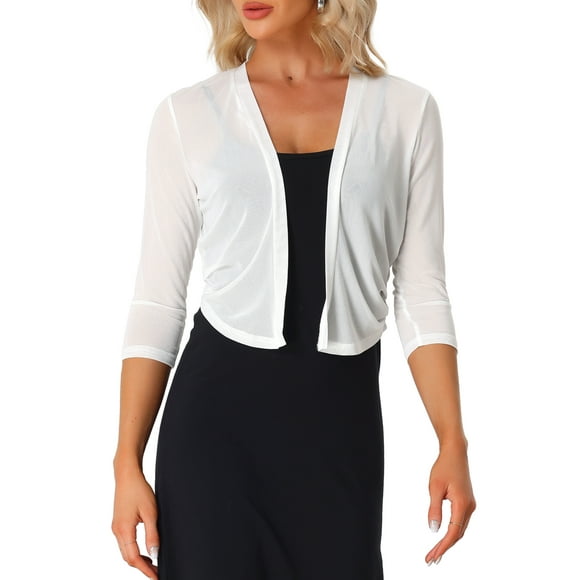 INSPIRE CHIC Women's Sheer Mesh Bolero Shrugs 3/4 Sleeve Lightweight Elegant Cropped Cardigan XS White