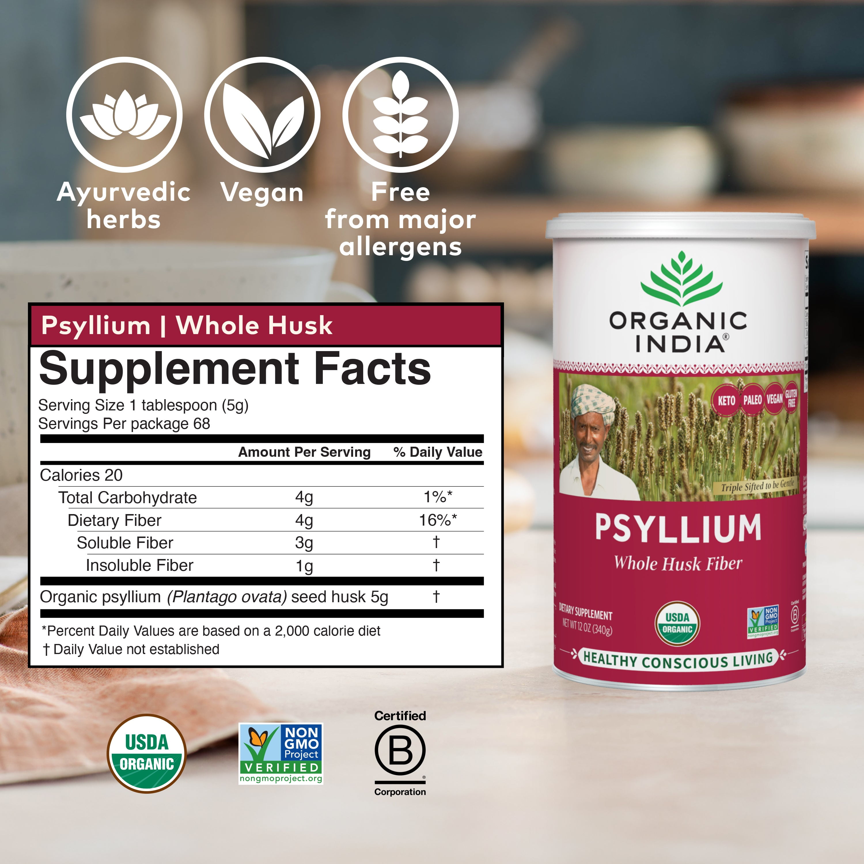 Organic India Psyllium, Whole Husk 100% Certified Organic Fiber, Natural Dietary Fiber 12 oz