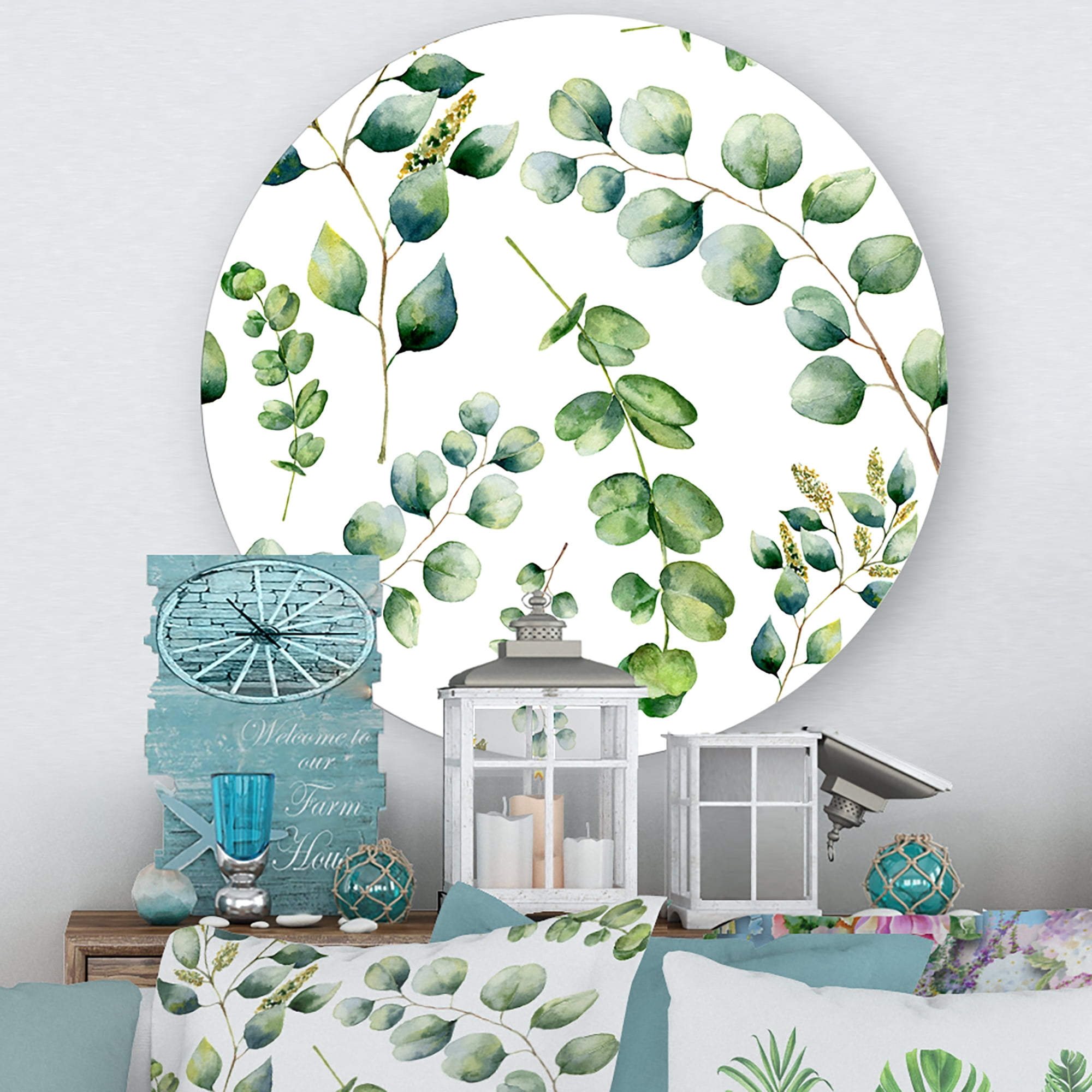 Designart 'Green Eucalyptus Plant Branches III' Traditional Circle Metal Wall Art 11x11 - Disc of 11
