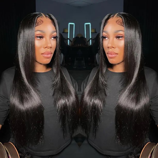 Peluca de Moda con Encaje Frontal Negra, Cabello Largo y Liso, Peinable, Accesorio para la Cabeza