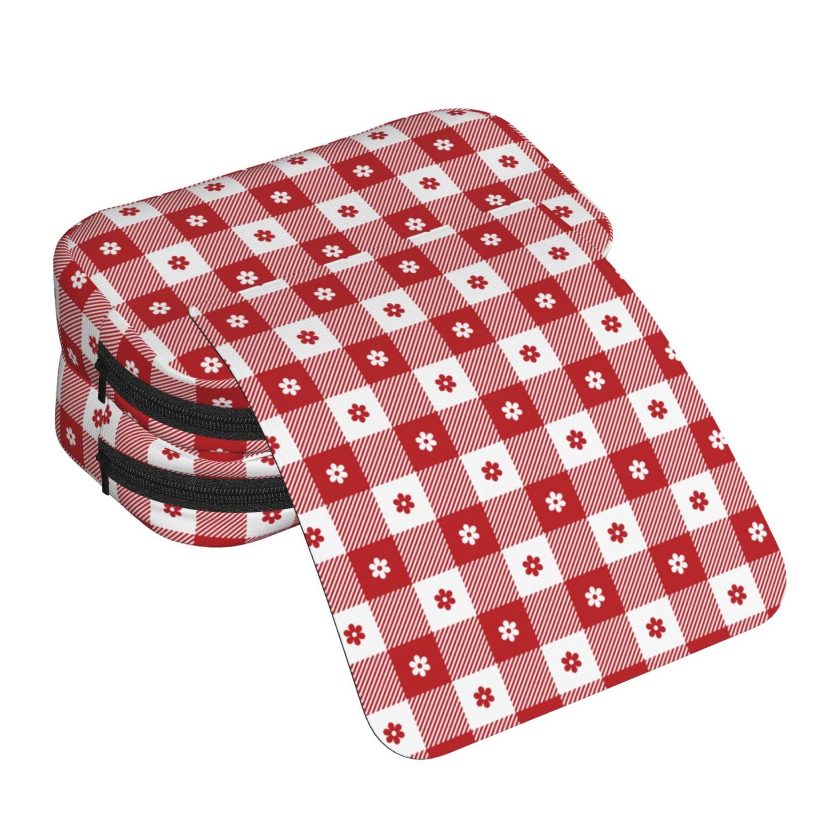 Rateoe Red Plaid Daisy Pattern Double Clamshell Pen Case, Storage Organizer with Two Zipper Compartments– Holds Up to 50 Pencils & Pens