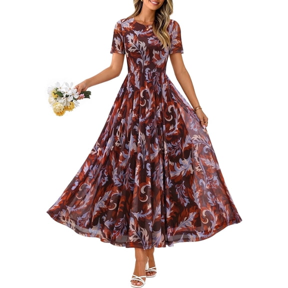 Merokeety Womens Summer Dresses Floral Mesh Tea Length Maxi Dress Brown l