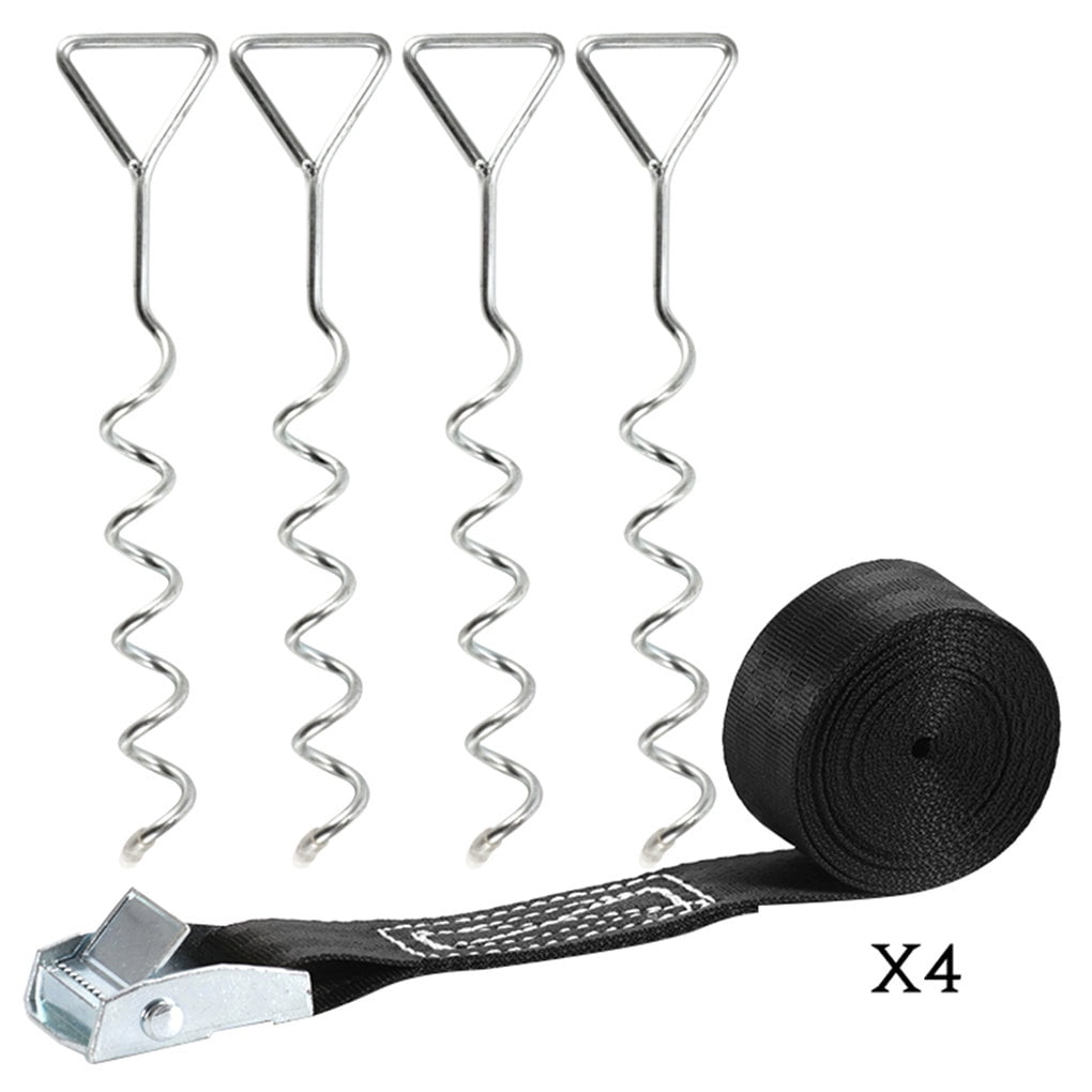 Trampoline Stakes Straps Kit Outdoor Tie Down System Spiral Ground Nails Adjustable Strap Fixing
