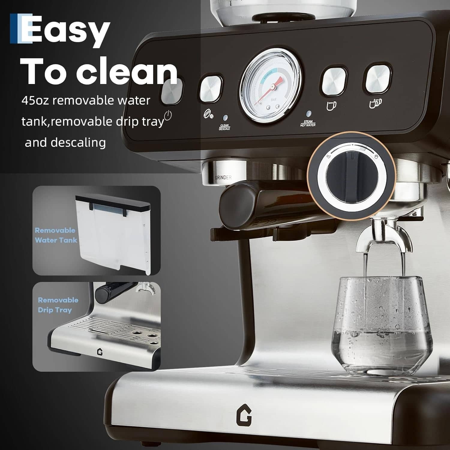 EastVita Stainless Steel Espresso Machine With Grinder And 20 Bar Pressure 2.8 Litre Removable Water Tank Latte/Cappuccino Milk Frother And Steam Wand