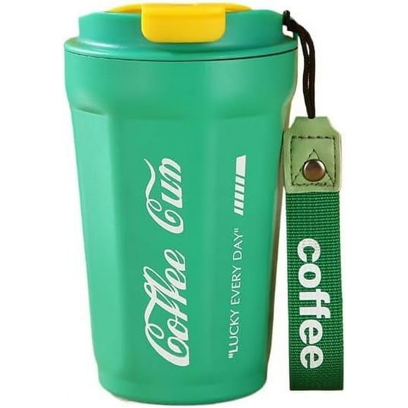 13 oz cup Thermos reusable cup with leak proof flip cover and drawstring Suitable for office home,car Vacuum insulated cup for insulation or cooling (green)