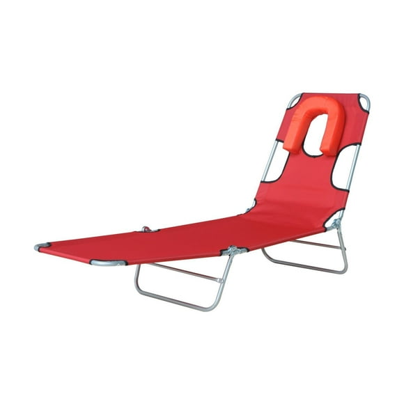 Outsunny Outdoor Lounge Chair, Adjustable Folding Chaise Lounge with Face Cavity, Tanning Chair Sun Lounger Bed Recliner, Red