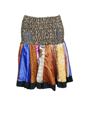 Mogul Colorful Flare Mini Skirt High Waist A-Line Gypsy Hippie Chic Printed Flowy Silk Skater Skirts