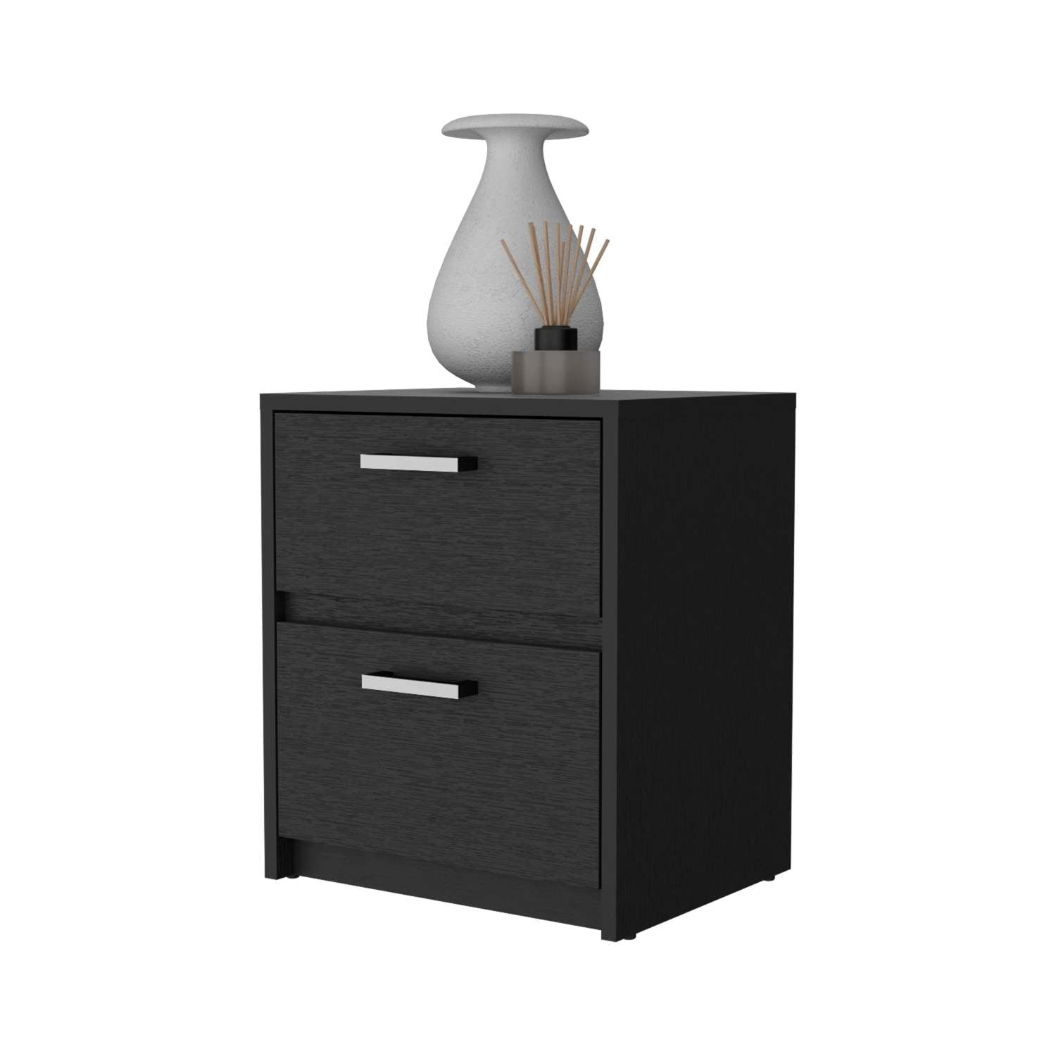 Myrtle 2 Drawers Nightstand, Black Engineered Wood Bedside Table with Metal Handles