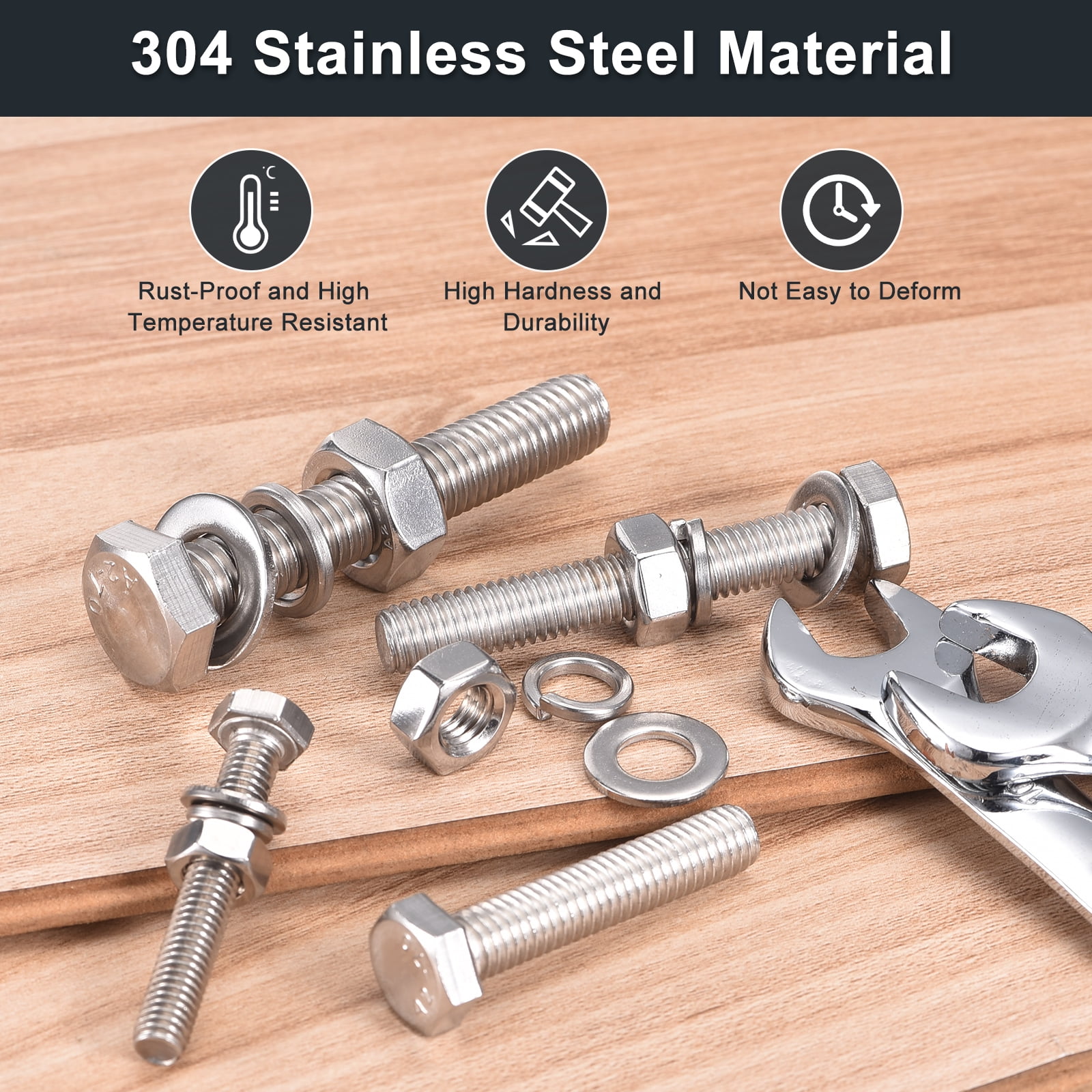 M10 x 110mm Hex Head Screws Bolts, Nuts, Flat & Lock Washers Kits, 304 Stainless Steel Fully Thread Hexagon Bolts 8 Sets