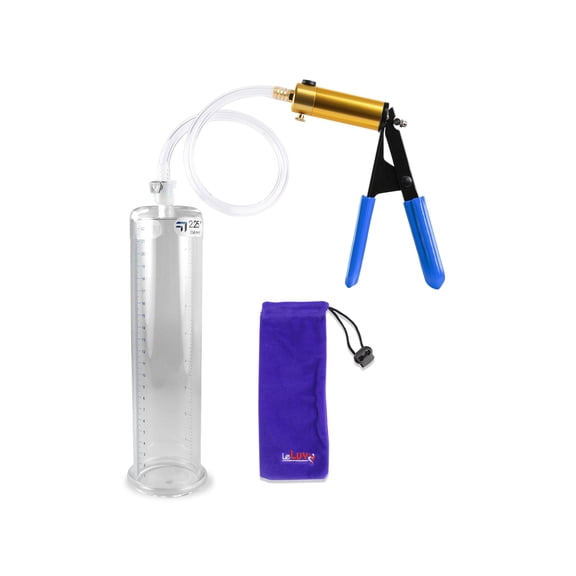 LeLuv® Ultima Brass Penis Pump Kit w/ Blue Rubber Grips, Clear Hose | 9" x 2.25" Cylinder