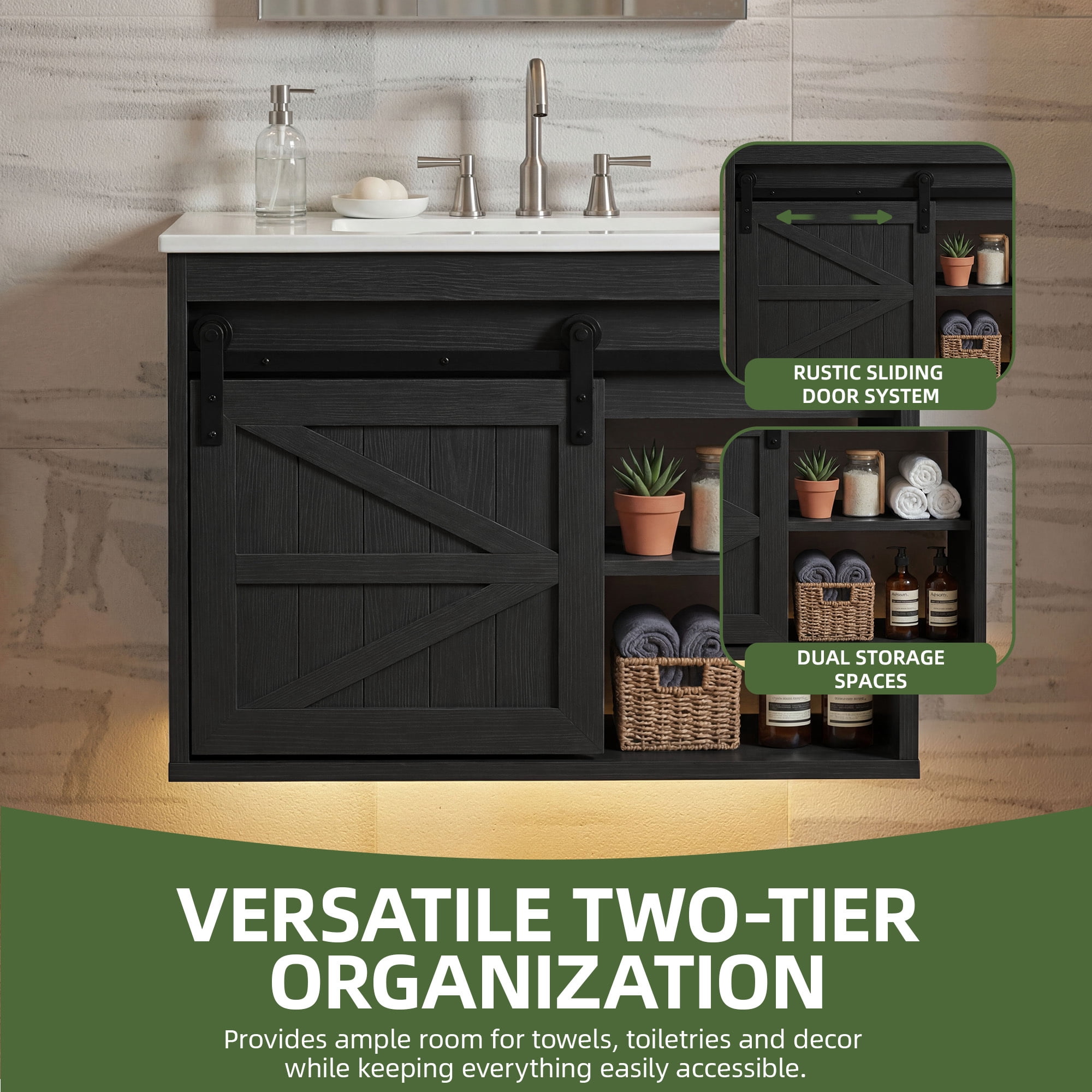 Uforic 24 Inch Farmhouse Floating Bathroom Vanity with Ceramic Sink, 7-Color LED Ambient Light & Sliding Barn Door for Small Compact Bathroom Spaces, Black