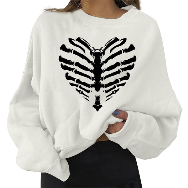 Gibobby Sudaderas con cremallera Sudaderas de Halloween para mujer, camiseta informal de manga larga con cuello redondo y estampado, , Top, sudaderas largas de lana para mujer(Blanco, XXL)