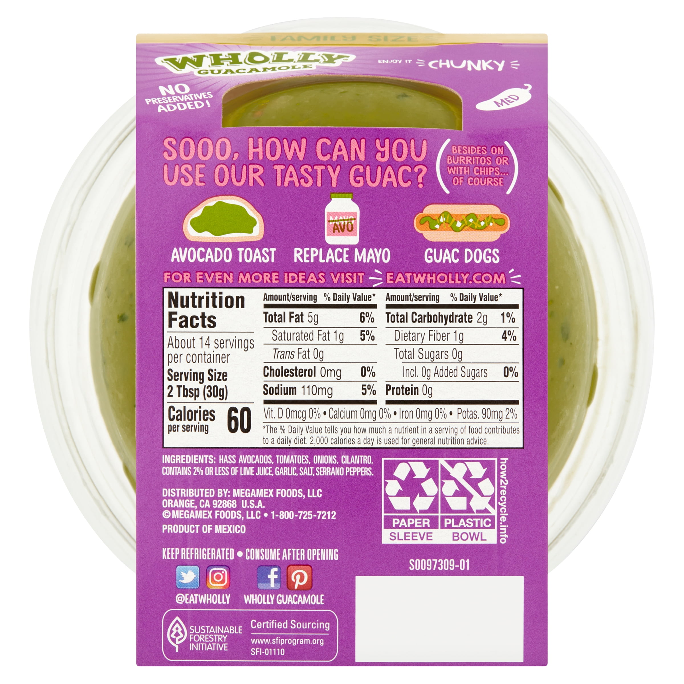 WHOLLY Guacamole Chunky Bowl, Hass Avocados, No preservatives added, 15 oz