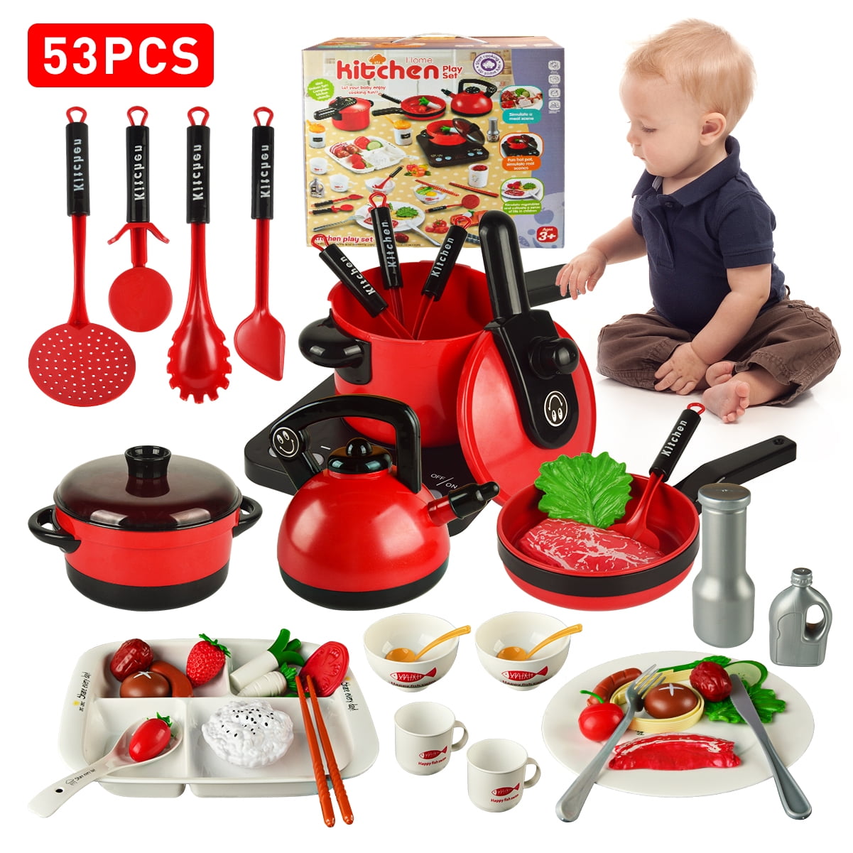 Kids Kitchen Toys 53PCS Pretend Play Kitchen Set Cooking Toys for Kids, Kitchen Playset