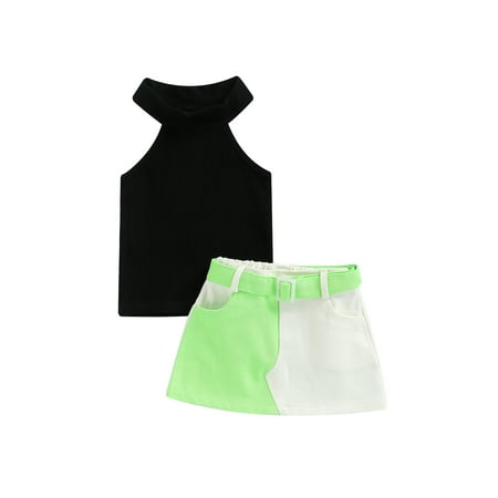 

Emmababy Kids Girls Casual Suit Solid Color Sleeveless Ribbed Knitted Tops+Color Contrast Short Skirt with Belt