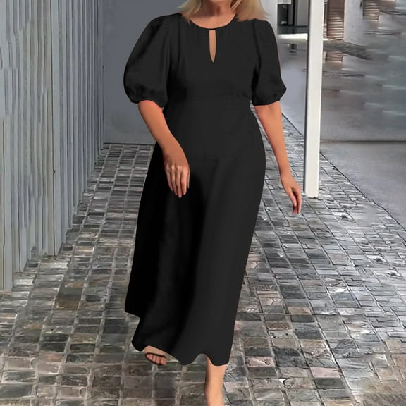 Women's Summer Casual Crew Neck Ndbuld Fashion Women's Summer Temperament Solid Short Sleeve Round-Neck Dress Evergreen Black XXL
