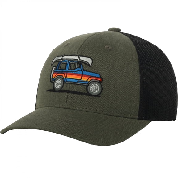 Jeep Olive Canoe Graphic Trucker Hat – Black Mesh Back, Mid Profile, Plastic Snap Closure, One Size