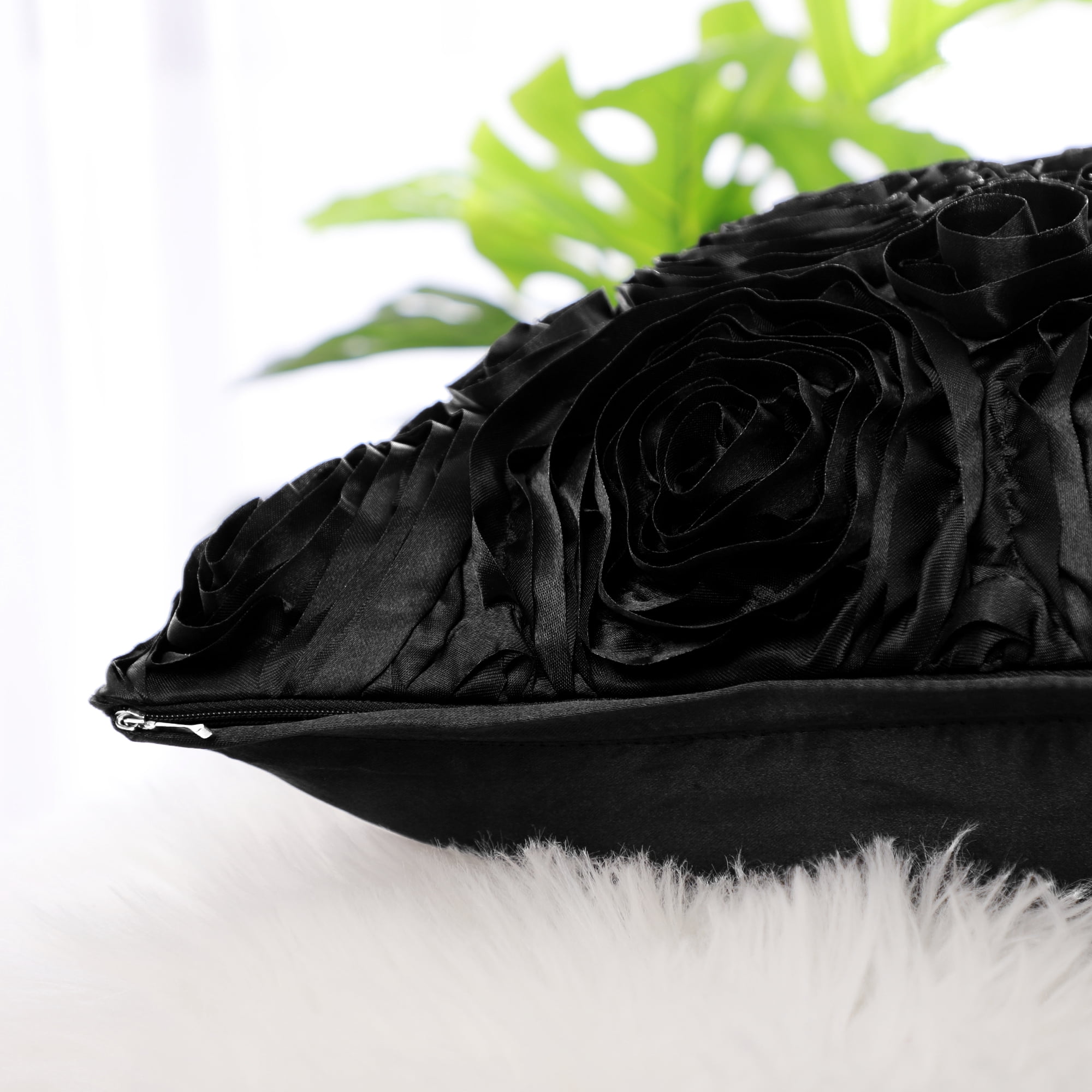 PiccoCasa Decorative Throw Pillow Covers 3D Satin Rose Flower Shells Cushion Covers, 2Pcs, 16"x16" Black