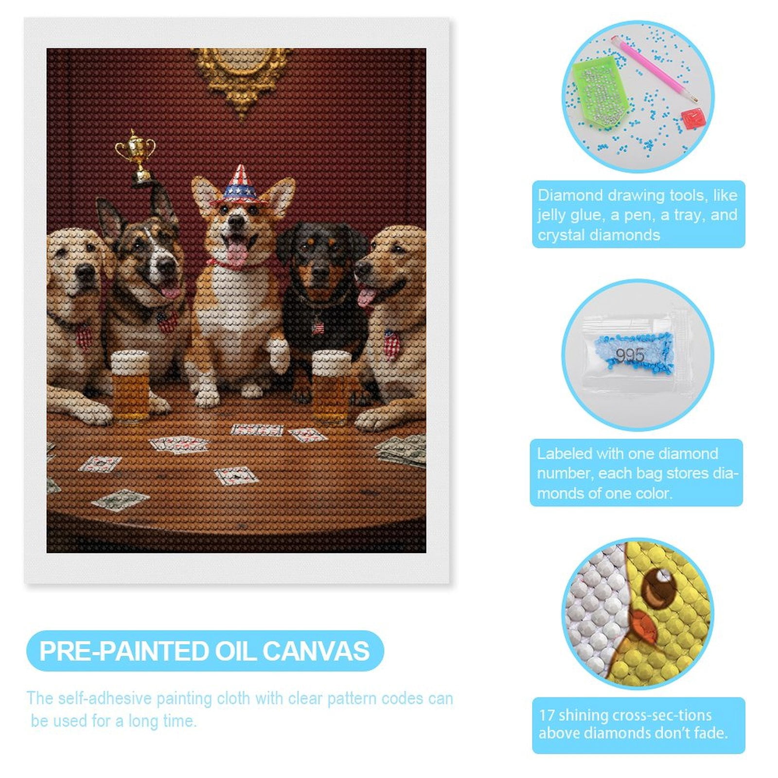 Diamond Art Kits for Adults, Dogs Playing Poker With Trophy 5D Diamond Painting Kits for Adults Beginners, DIY Full Drill Diamond Painting, Gem Art and Crafts 12x16
