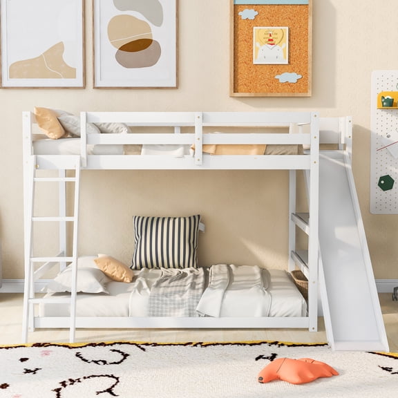 Full over Full Bunk Bed with Ladder, Slide and Shelves, White 28AAK
