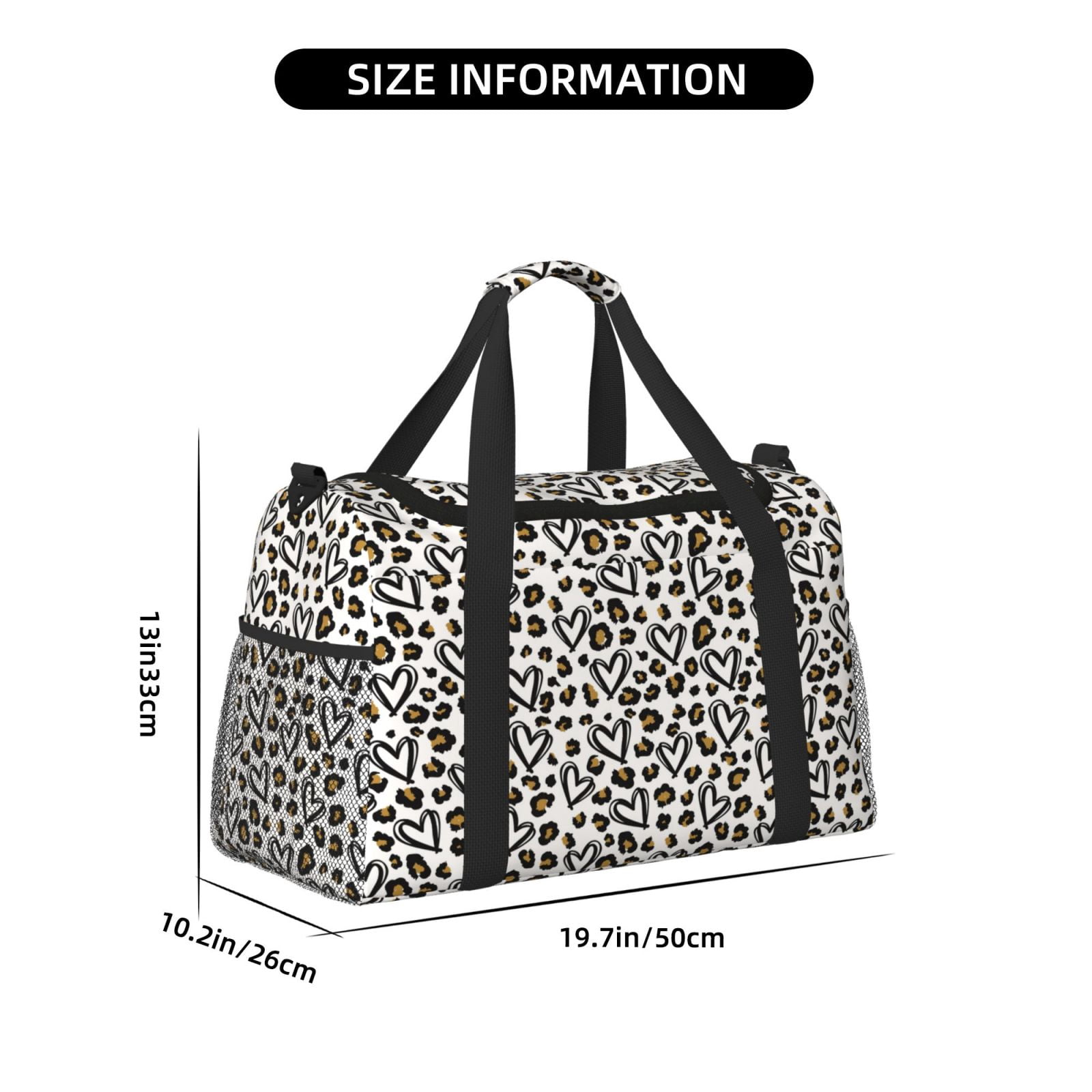 Fuzoiu Heart Leopard Print Travel Duffle Bag,Carry On Tote Bags,Duffel Bag,Sport Gym Bag, Hospital Bag for Labor and Delivery, Overnight Bag,Luggage Bag
