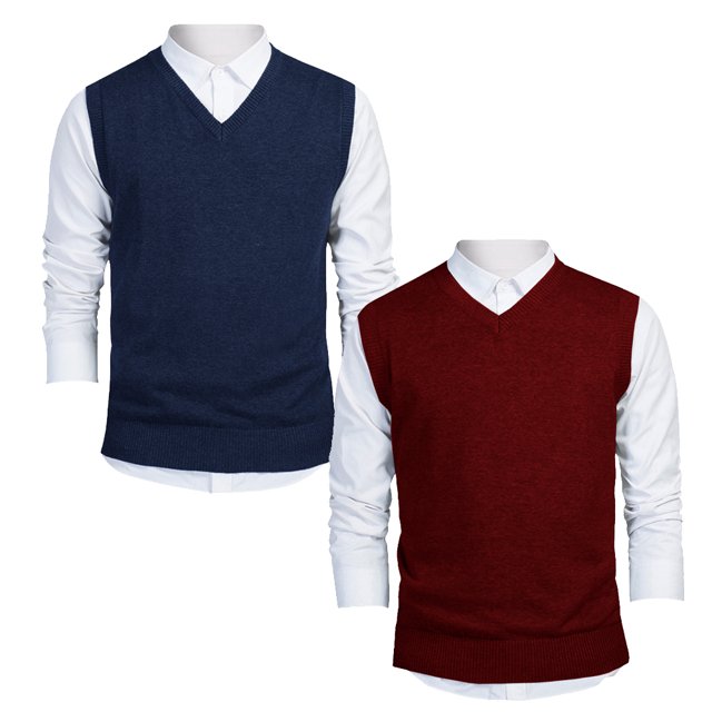 TOPTIE 2 Pack Window Clerk Sweater Vests For Men, Work Uniform Cotton V-Neck Sweater Vests-NAVY WINERED-L