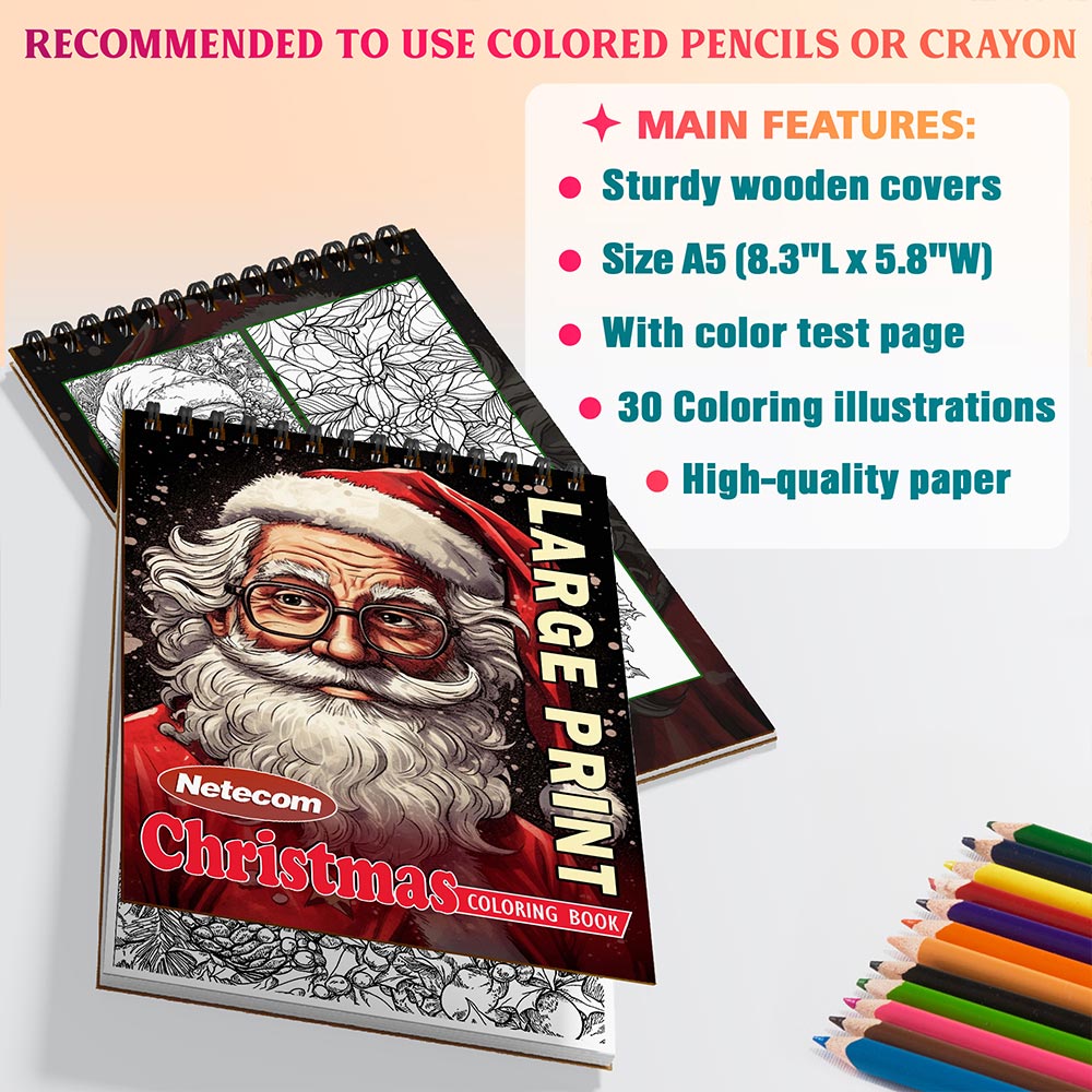 Netecom Christmas Large Print Coloring Book Spiral Bound for Adults, A5 Wooden Cover, 30 Nostalgic Coloring Pages in Cozy Christmas Day for Stress Relief and Relaxation