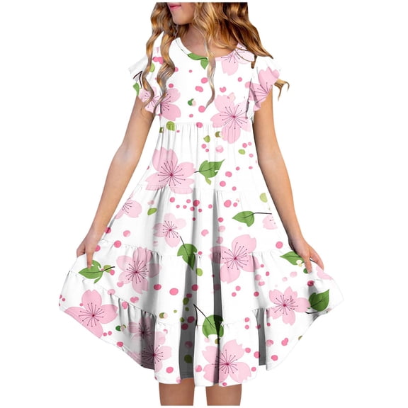 SGFCWSX Girls Ruffle Sleeve Tiered Swing Dress Kids Floral Heart Print Crewneck Midi Dress for Spring Summer Casual Party Multicolor Size 4-5 Years